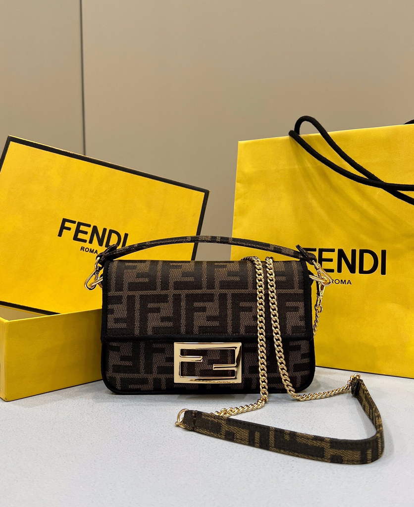 Fendi 8BS017 Baguette Mini Jacquard FF fabric bag Brown