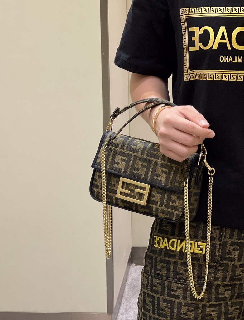 Fendi 8BS017 Baguette Mini Jacquard FF fabric bag Brown