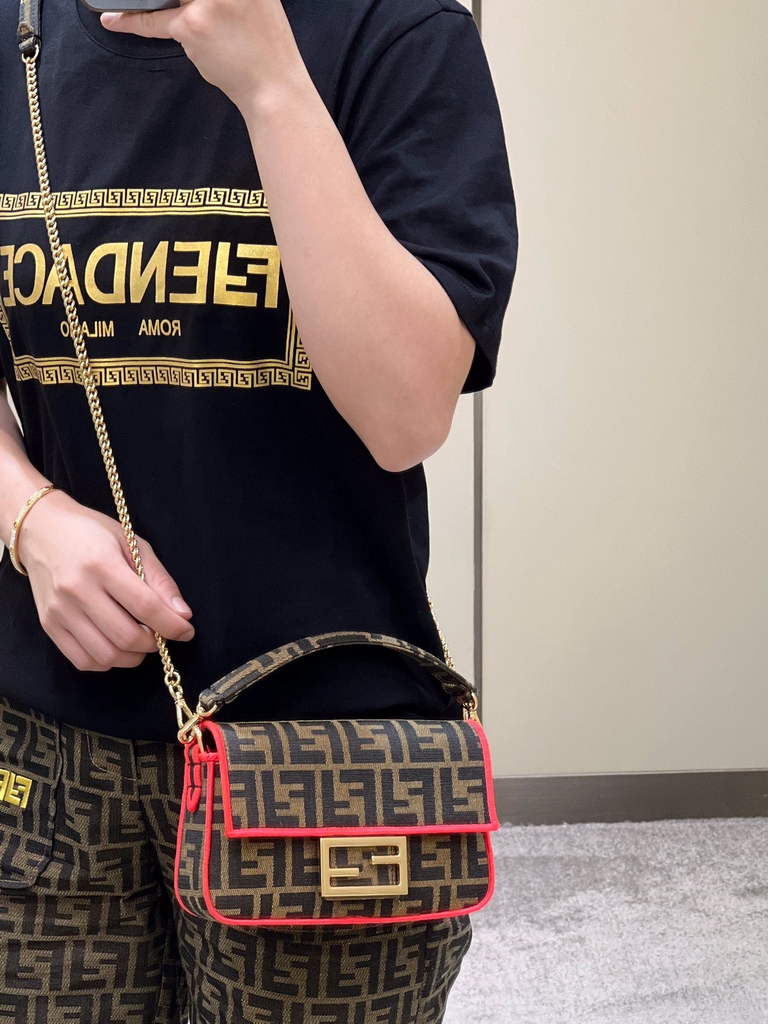 Fendi 8BS017 Baguette Mini Jacquard FF fabric bag Red