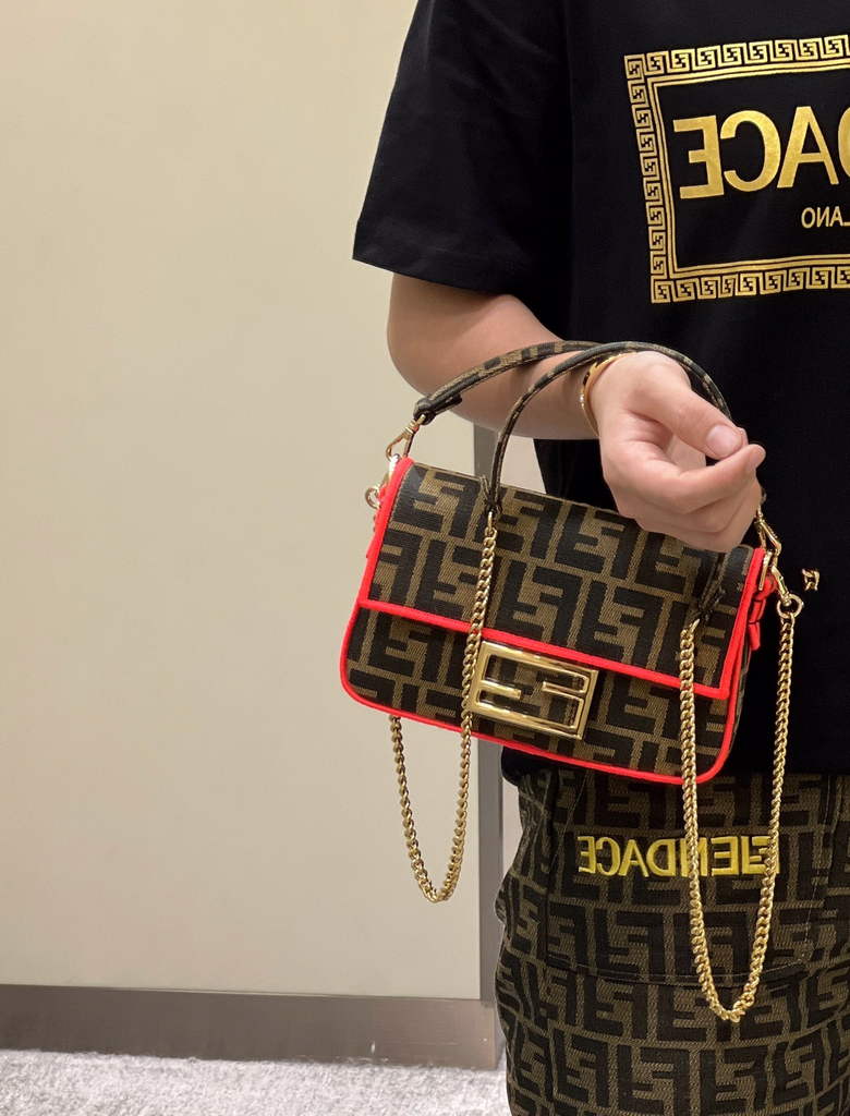 Fendi 8BS017 Baguette Mini Jacquard FF fabric bag Red