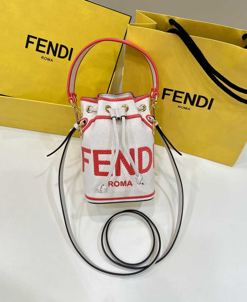 Bucket Bag Mon Tresor 8BS010 Beige canvas mini-bag with Fendi Roma embroidery