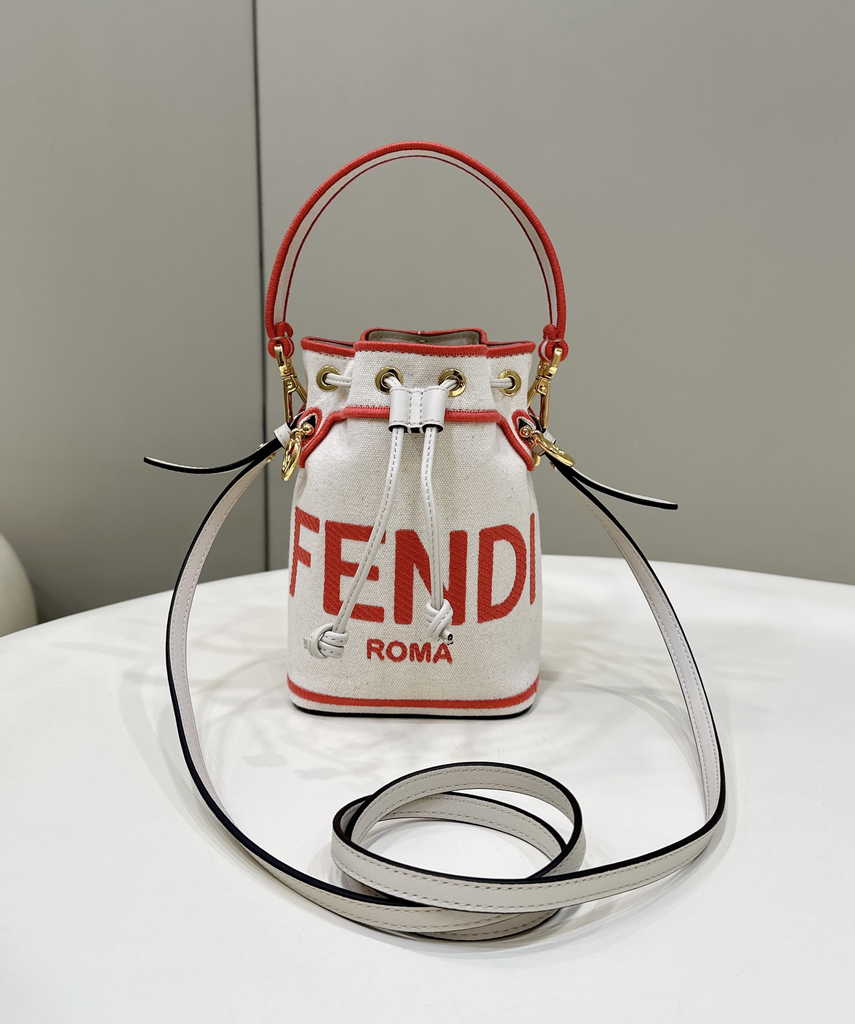 Bucket Bag Mon Tresor 8BS010 Beige canvas mini-bag with Fendi Roma embroidery