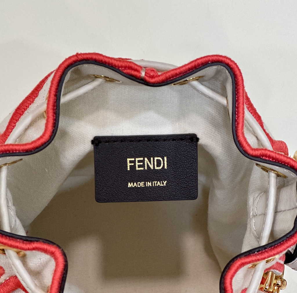 Bucket Bag Mon Tresor 8BS010 Beige canvas mini-bag with Fendi Roma embroidery