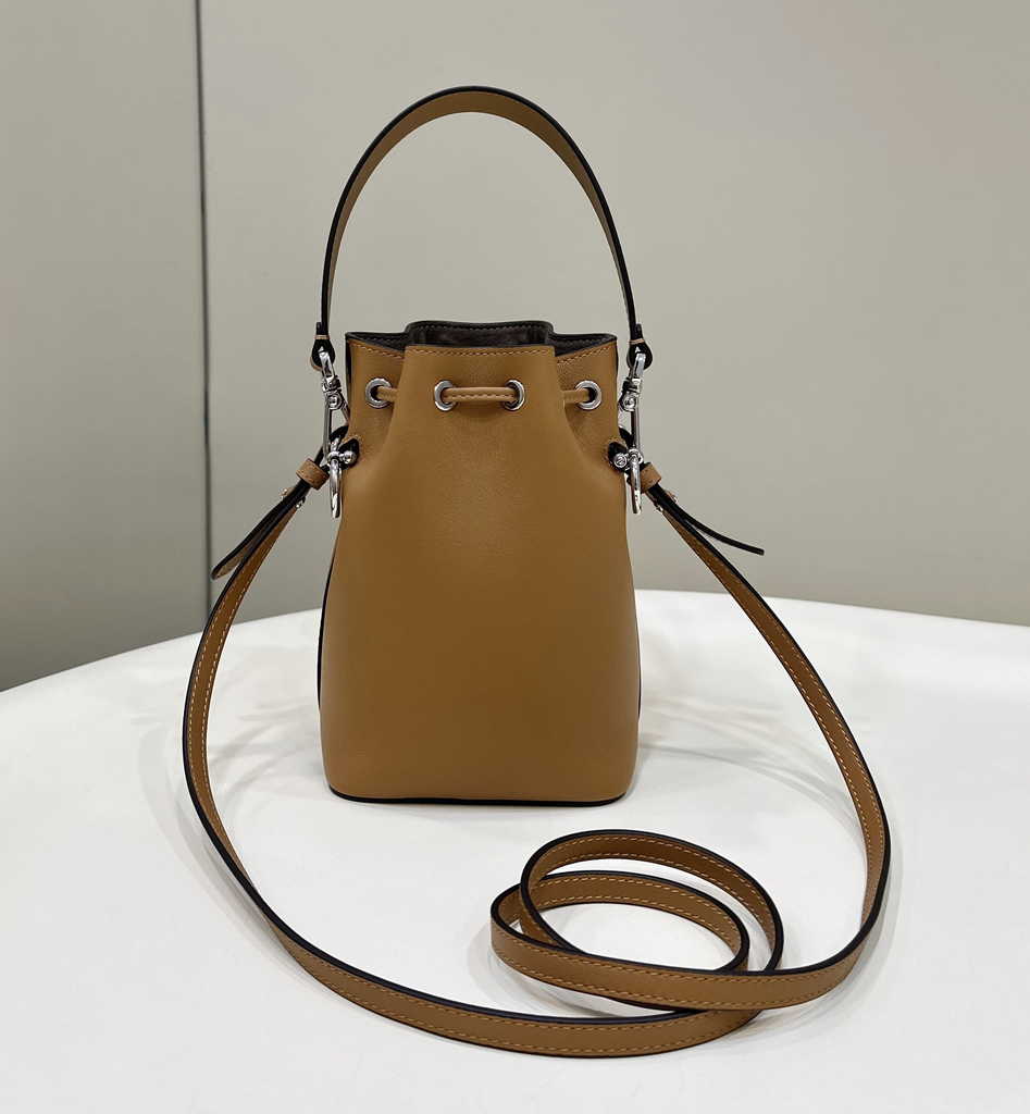 Fendi Bucket Bag Mon Tresor 8BS010 Brown leather mini-bag with 3D roses