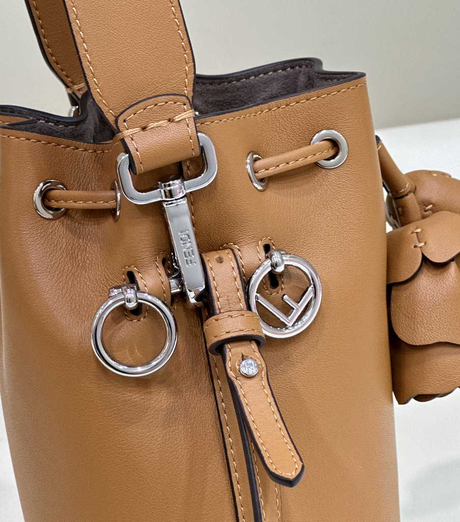 Fendi Bucket Bag Mon Tresor 8BS010 Brown leather mini-bag with 3D roses
