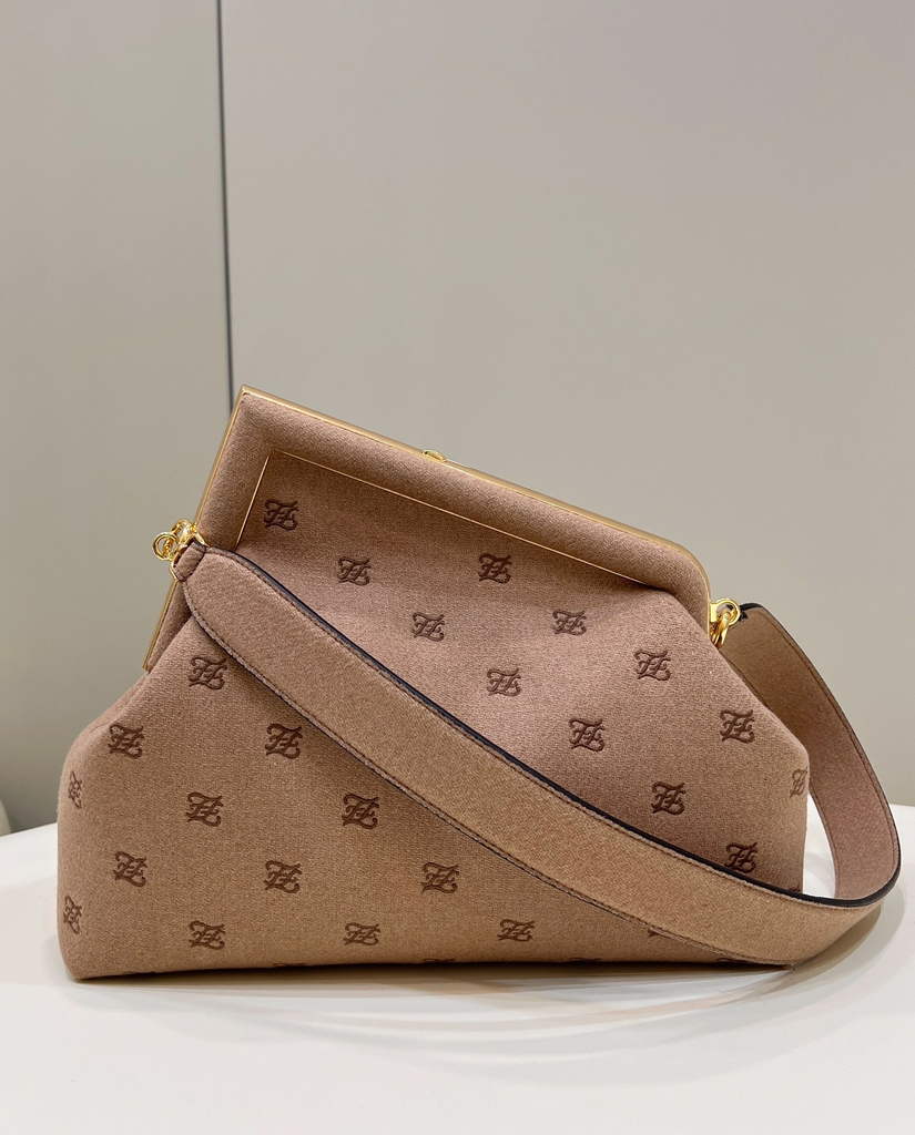 Fendi First Medium 8BP127 Dark Beige flannel bag with embroidery