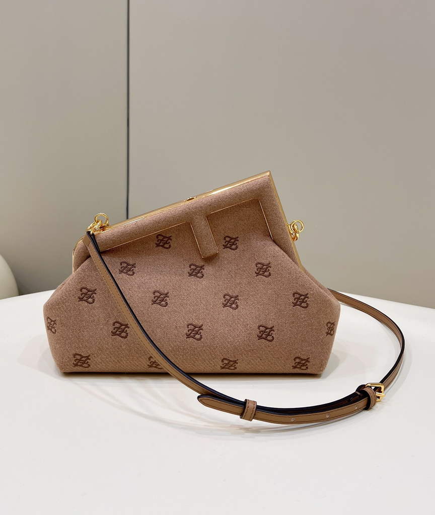 Fendi First Small 8BP129 Dark Beige flannel bag with embroidery