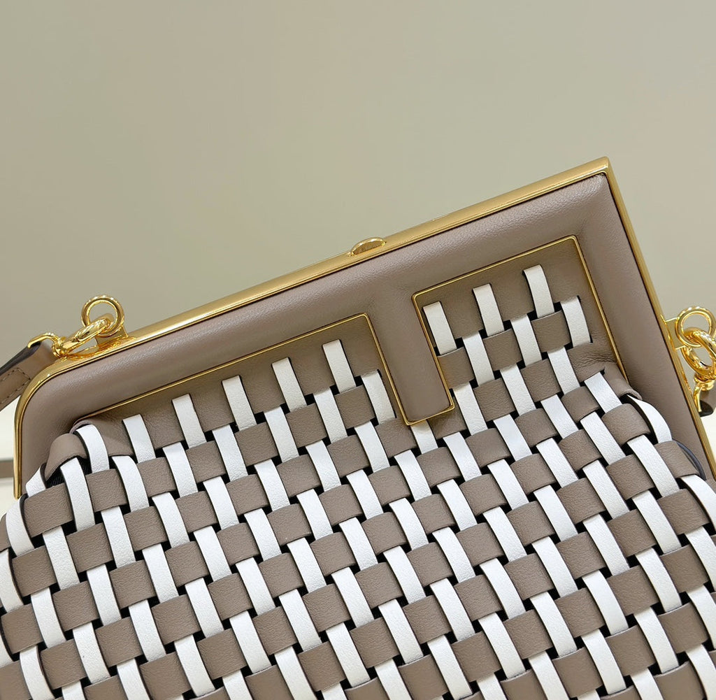 Fendi First Small 8BP129 Dove Gray and White Interlaced Leather Bag