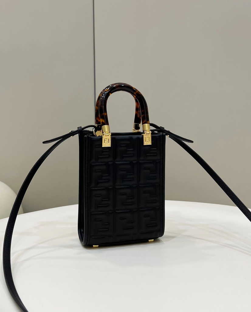 Fendi Mini Sunshine Shopper 8BS051 Black leather mini-bag with FF motif