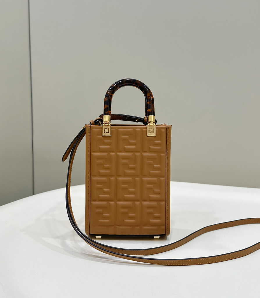 Fendi Mini Sunshine Shopper 8BS051 Brown leather mini-bag with FF motif