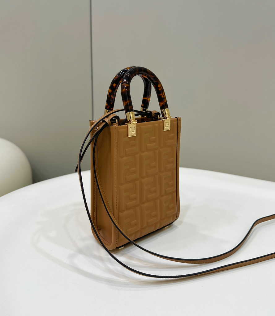 Fendi Mini Sunshine Shopper 8BS051 Brown leather mini-bag with FF motif