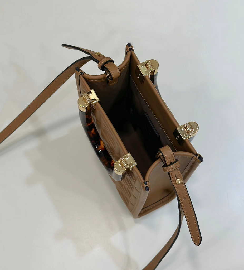 Fendi Mini Sunshine Shopper 8BS051 Brown leather mini-bag with FF motif