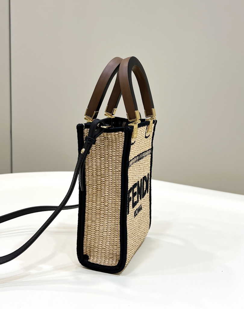 Fendi Mini Sunshine Shopper Black Natural straw mini-bag 8BS051