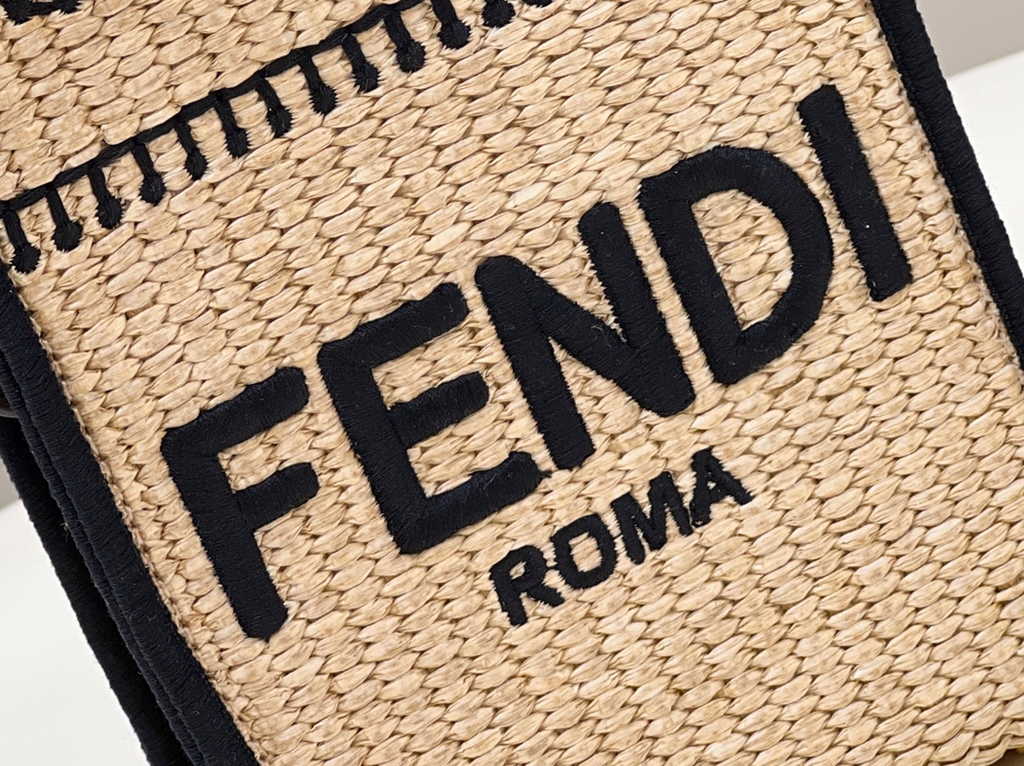 Fendi Mini Sunshine Shopper Black Natural straw mini-bag 8BS051
