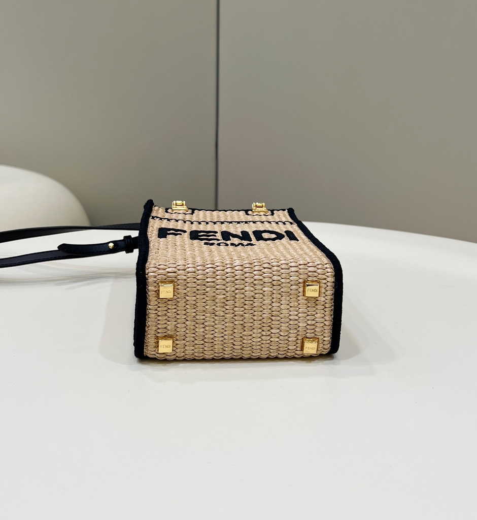 Fendi Mini Sunshine Shopper Black Natural straw mini-bag 8BS051