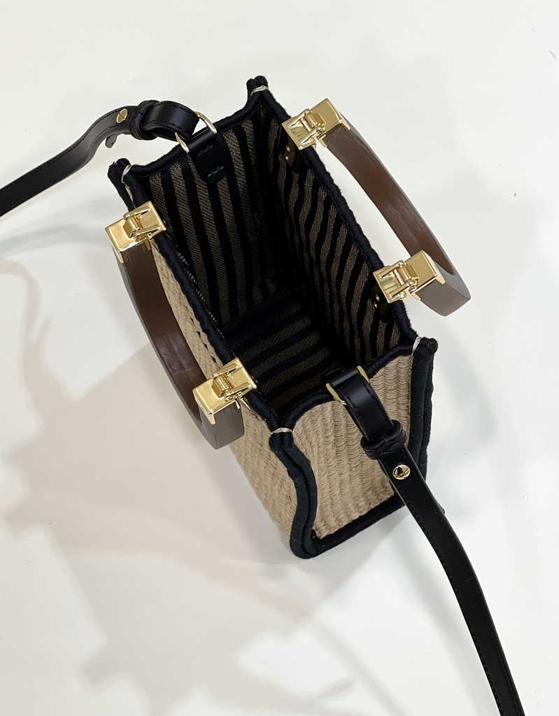 Fendi Mini Sunshine Shopper Black Natural straw mini-bag 8BS051