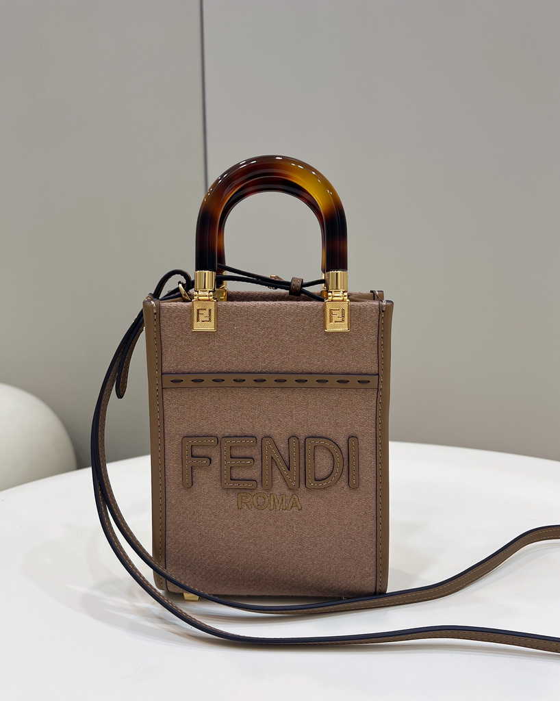 Fendi Mini Sunshine Shopper Brown Natural straw mini-bag 8BS051