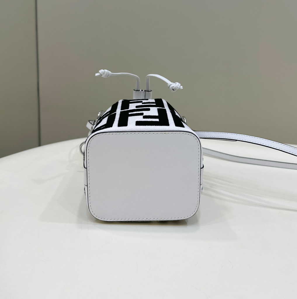 Fendi Bucket Bag Mon Tresor 8BS010 Black and white canvas mini-bag with FF embroidery