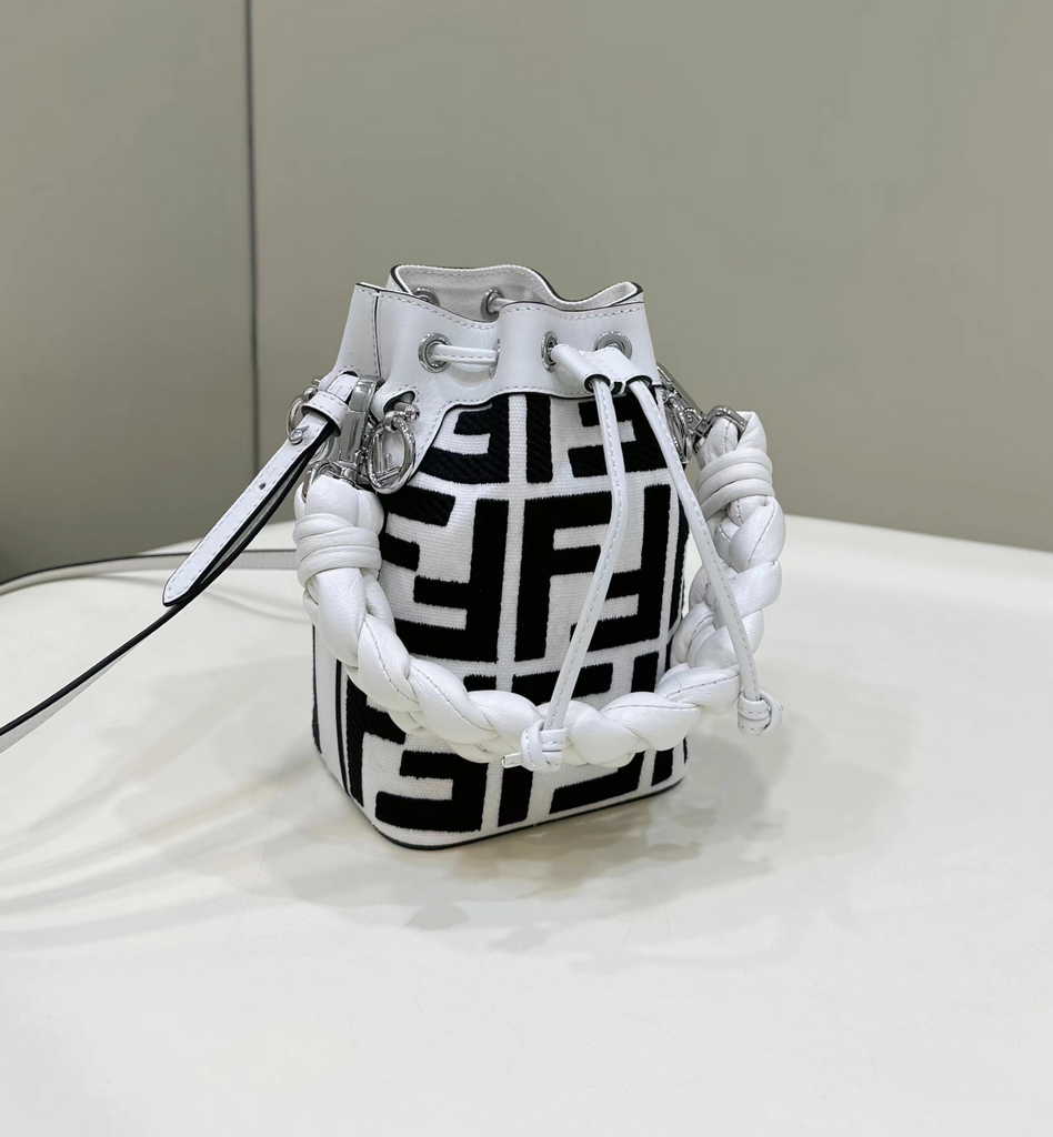 Fendi Bucket Bag Mon Tresor 8BS010 Black and white canvas mini-bag with FF embroidery