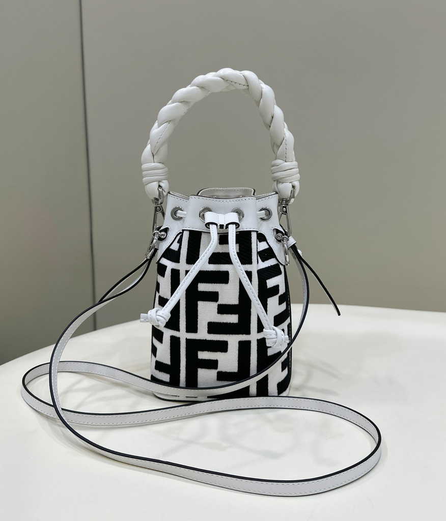 Fendi Bucket Bag Mon Tresor 8BS010 Black and white canvas mini-bag with FF embroidery