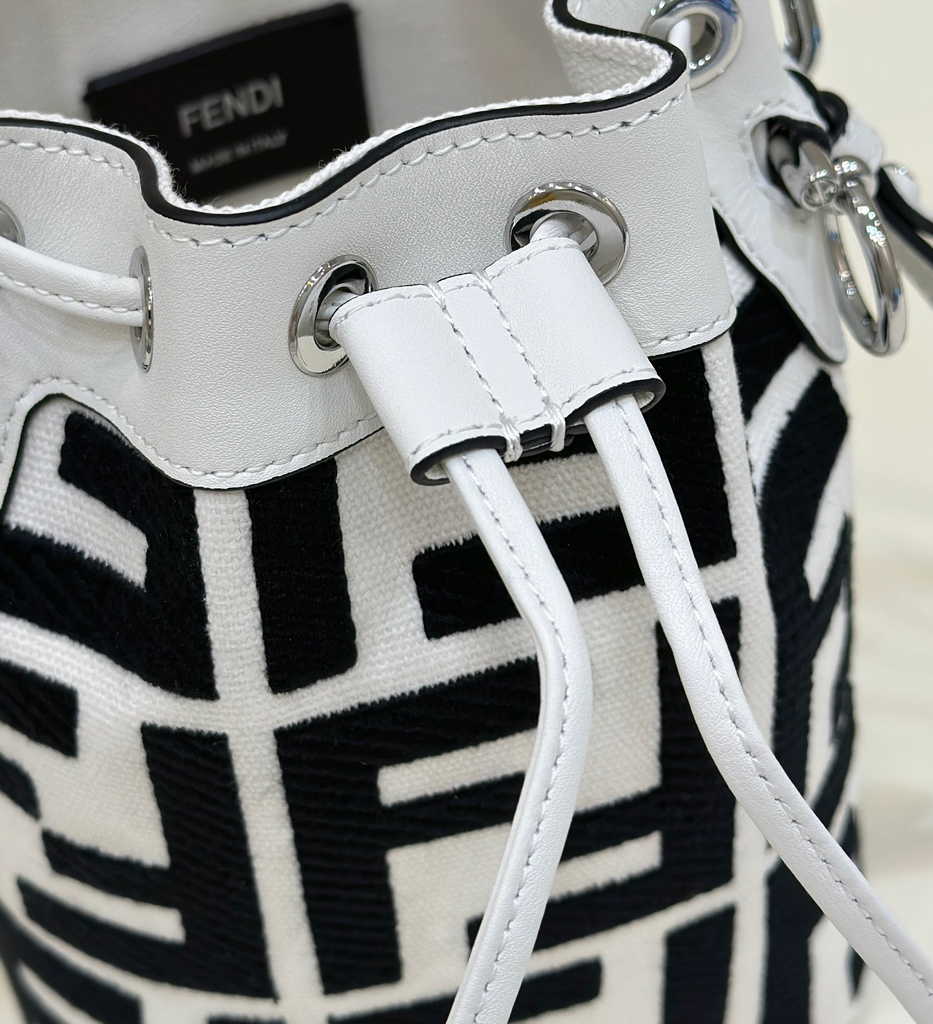 Fendi Bucket Bag Mon Tresor 8BS010 Black and white canvas mini-bag with FF embroidery