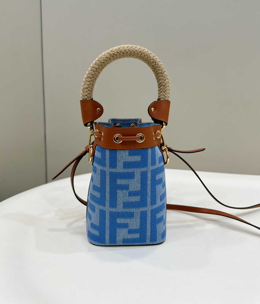 Fendi Bucket Bag Mon Tresor 8BS010 Light blue denim mini-bag with FF embroidery
