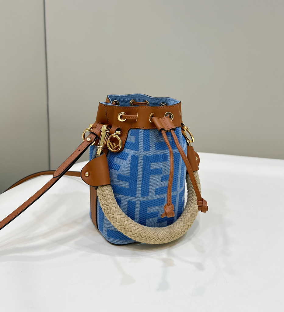 Fendi Bucket Bag Mon Tresor 8BS010 Light blue denim mini-bag with FF embroidery