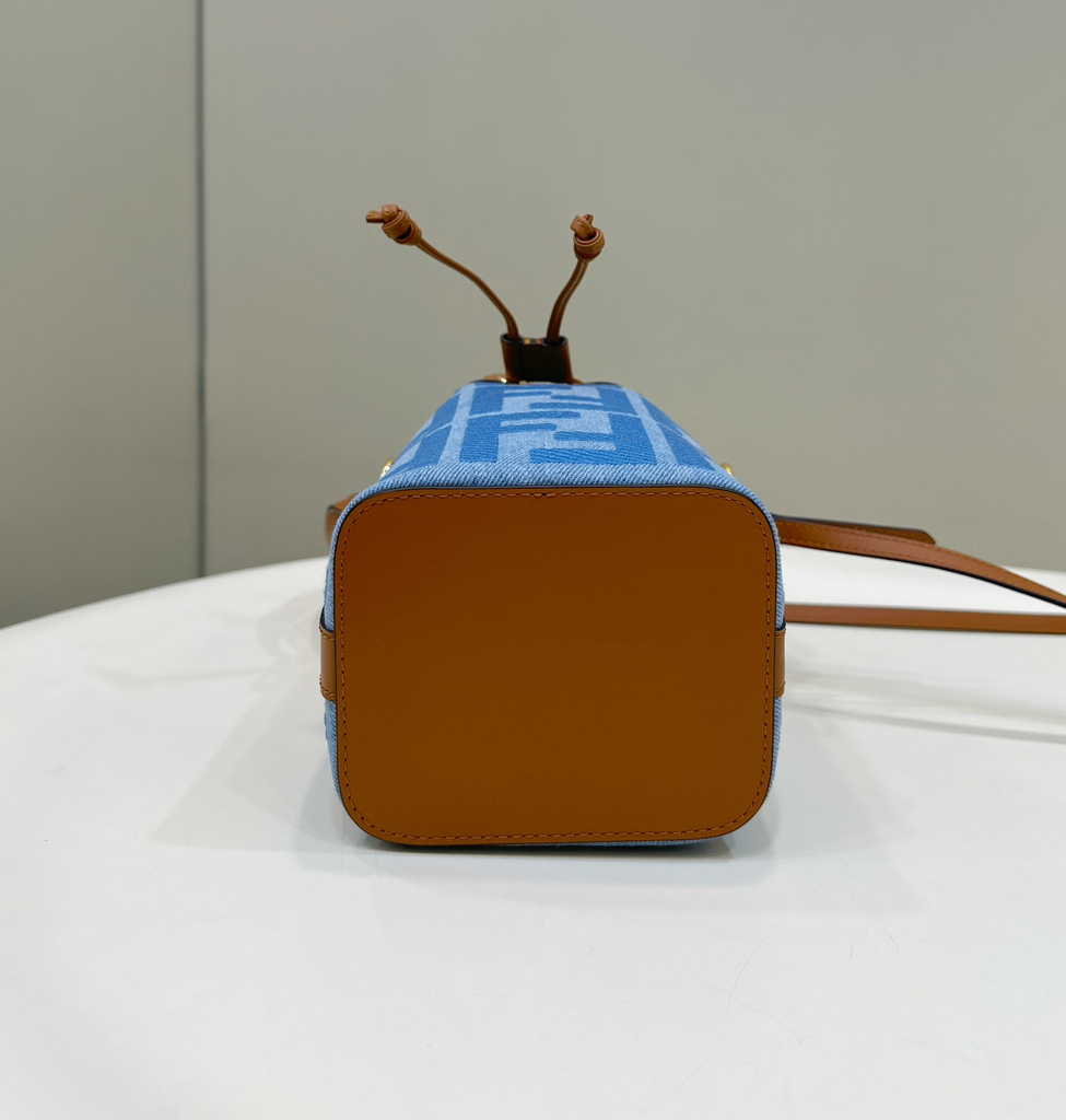 Fendi Bucket Bag Mon Tresor 8BS010 Light blue denim mini-bag with FF embroidery