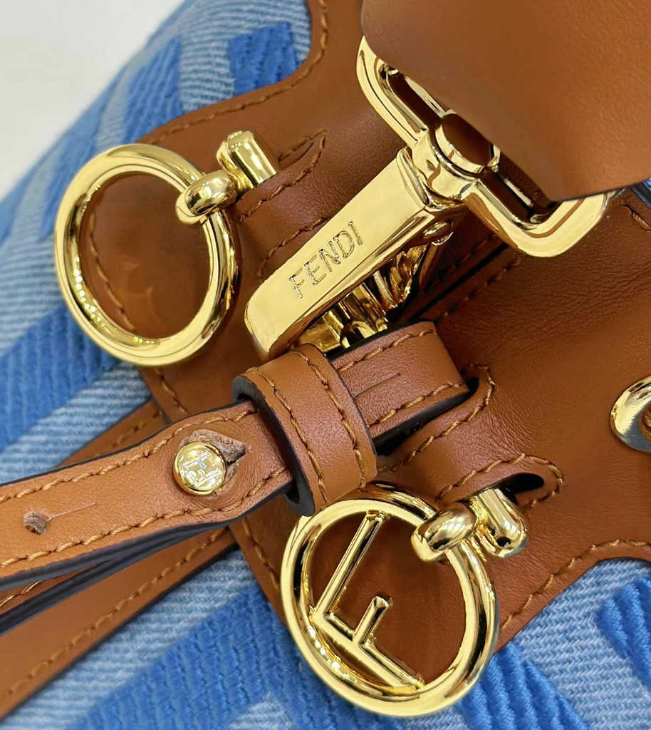 Fendi Bucket Bag Mon Tresor 8BS010 Light blue denim mini-bag with FF embroidery