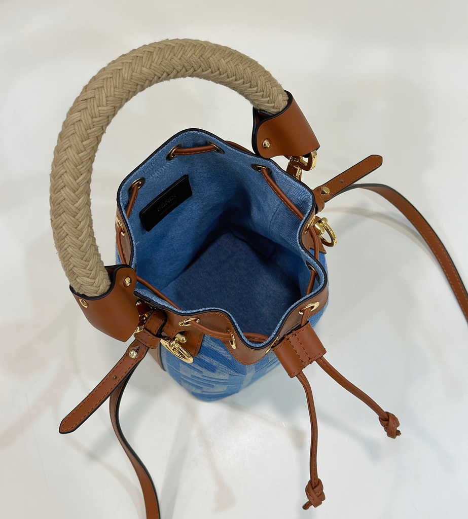 Fendi Bucket Bag Mon Tresor 8BS010 Light blue denim mini-bag with FF embroidery