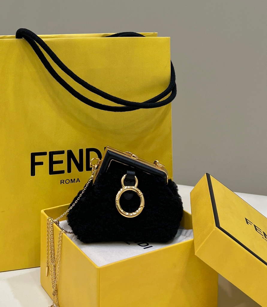 Fendi Nano First Charm Shoulder Bag 7AS051 Black sheepskin bag
