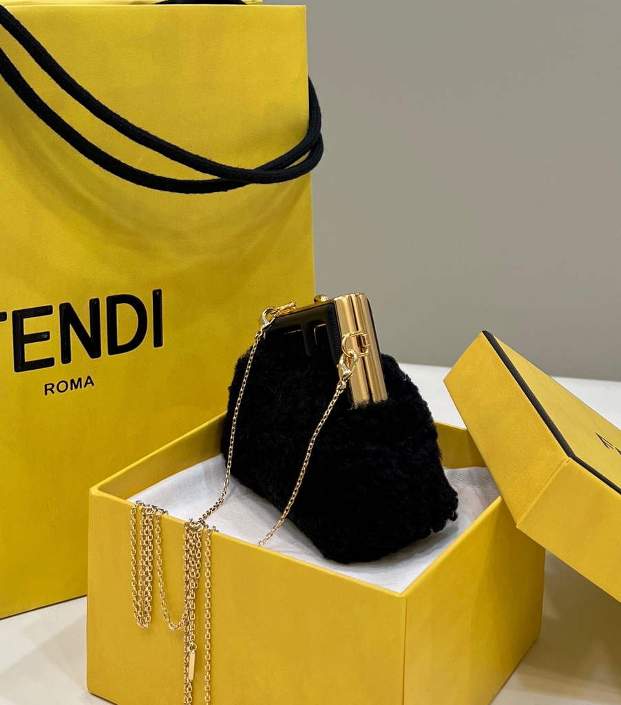 Fendi Nano First Charm Shoulder Bag 7AS051 Black sheepskin bag