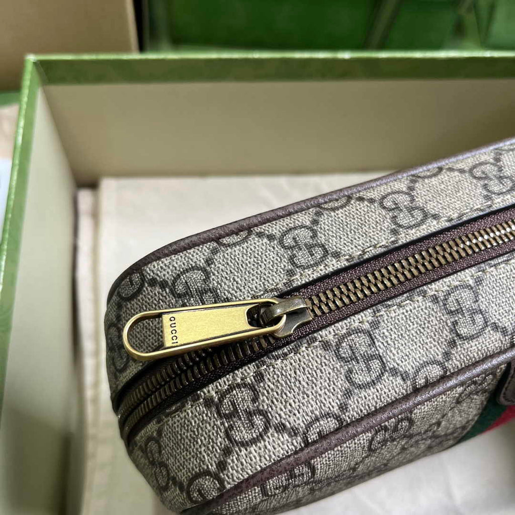 Gucci 760019 Savoy toiletry case with Web Beige and ebony GG Supreme canvas