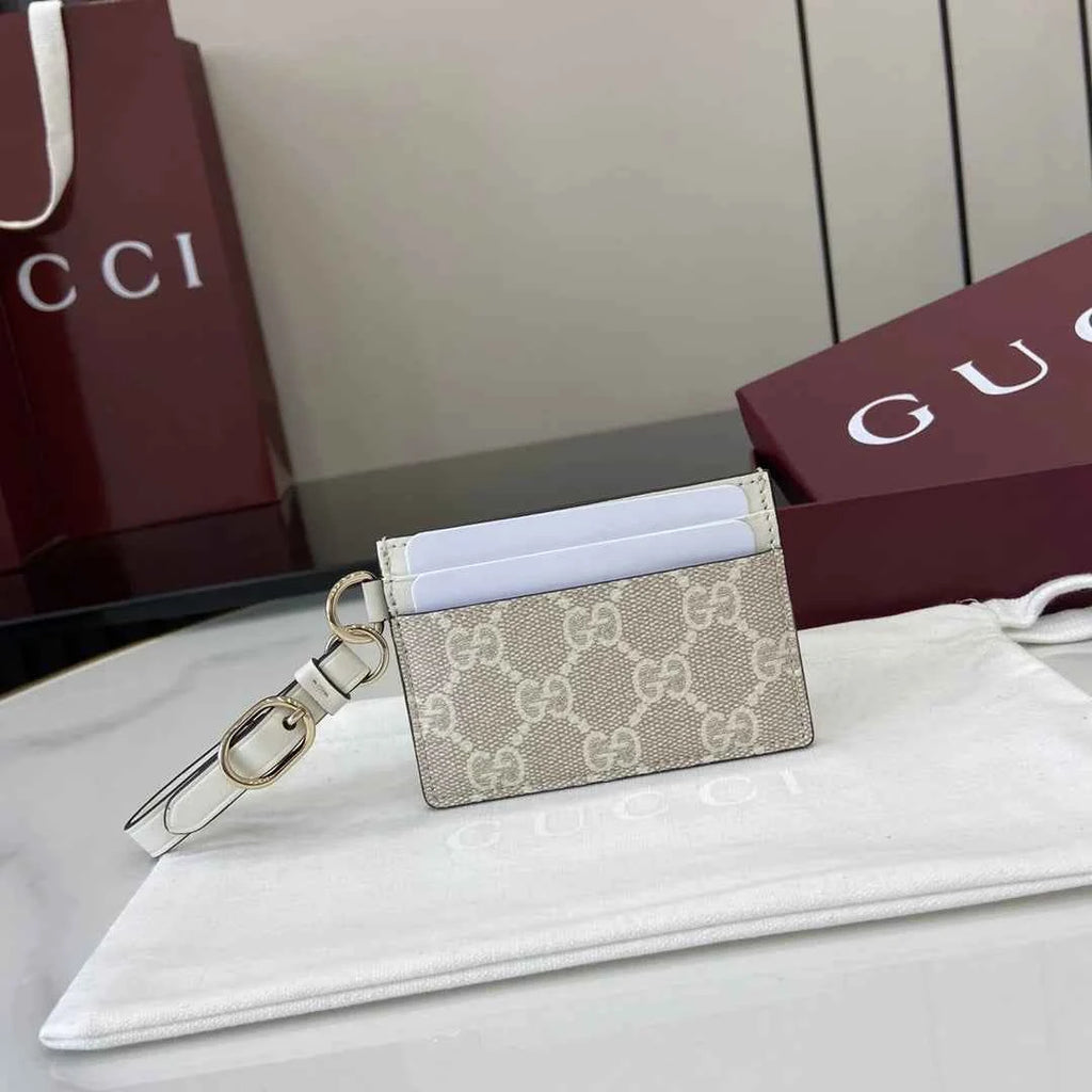 Gucci GG Emblem card case with strap 819121 beige and white fabric