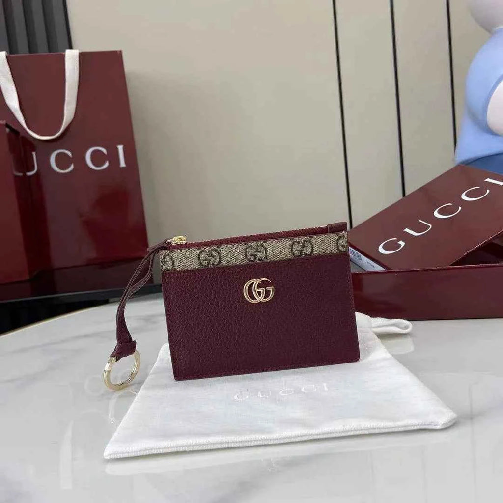 Gucci GG Marmont zip key pouch 837966 in Rosso Ancora red and beige