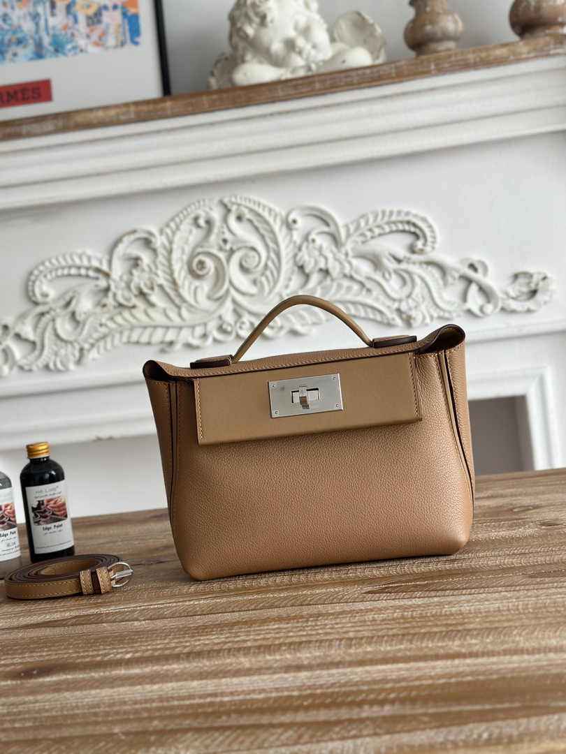 Hermès 24/24 Mini Bag Evercolor Swift Leather Apricot Silver - Default Title - View 1