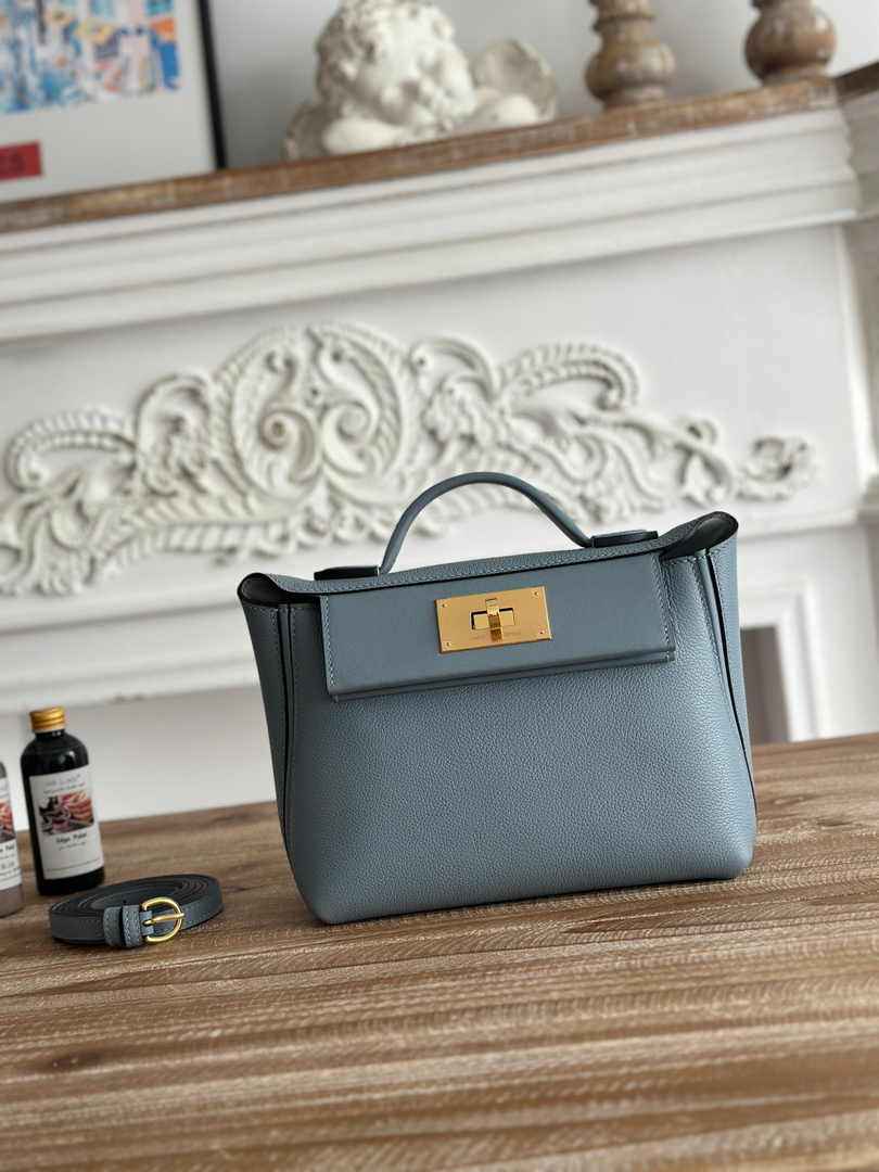 Hermès 24/24 Mini Bag Blue Evercolor Swift Leather Gold - Default Title - View 1