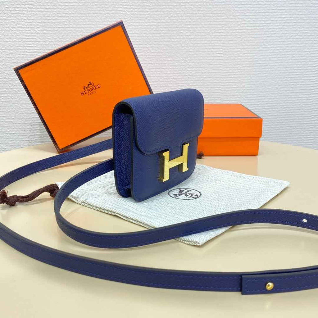 Hermes Constance Slim Wallet Navy Blue Epsom Leather Gold H082088 - Default Title - View 2