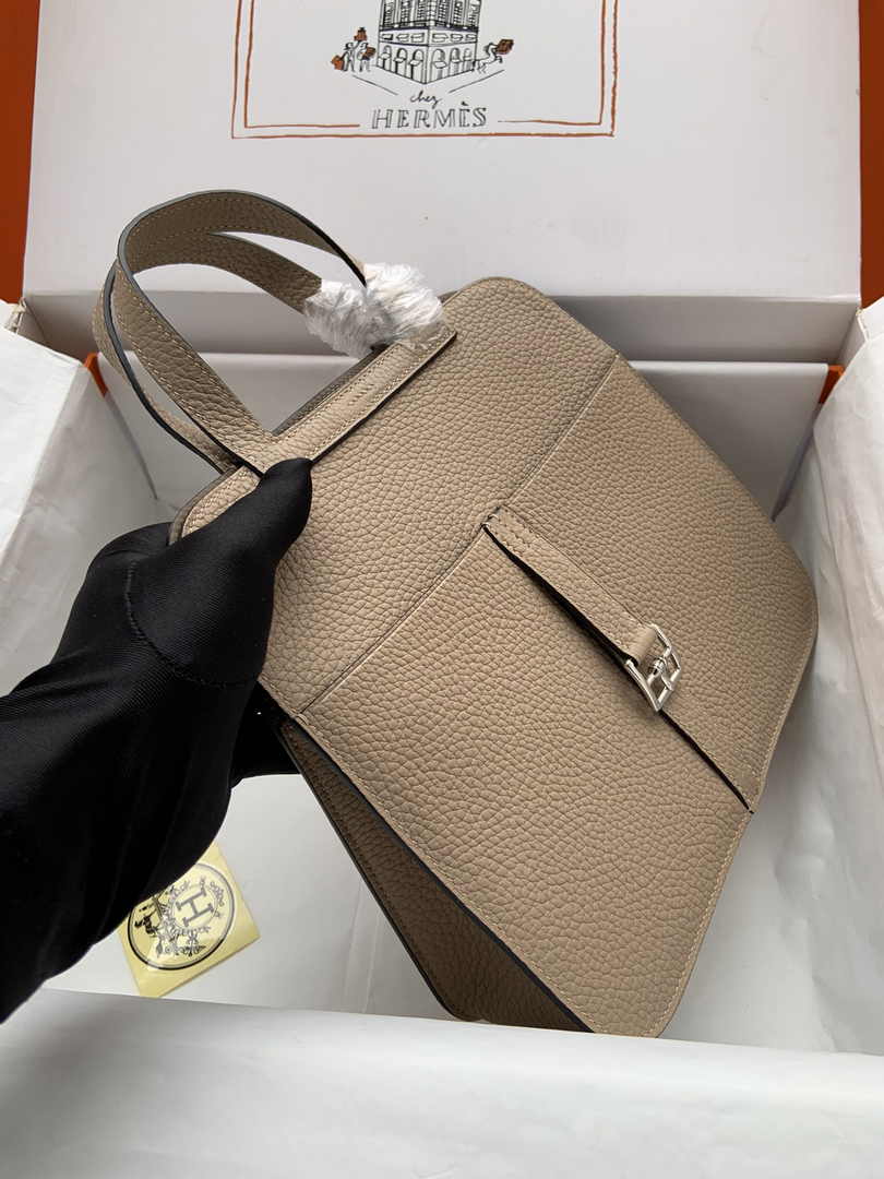 Hermes Halzan 25 Bag Khaki Togo Leather Silver H082171 - Default Title - View 7