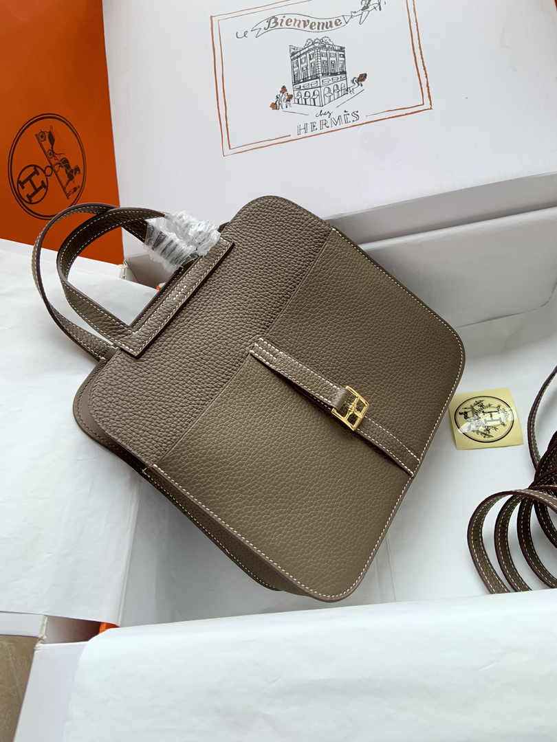 Hermes Halzan 25 Bag Dark Gray Togo Leather Gold H082164 - Default Title - View 2