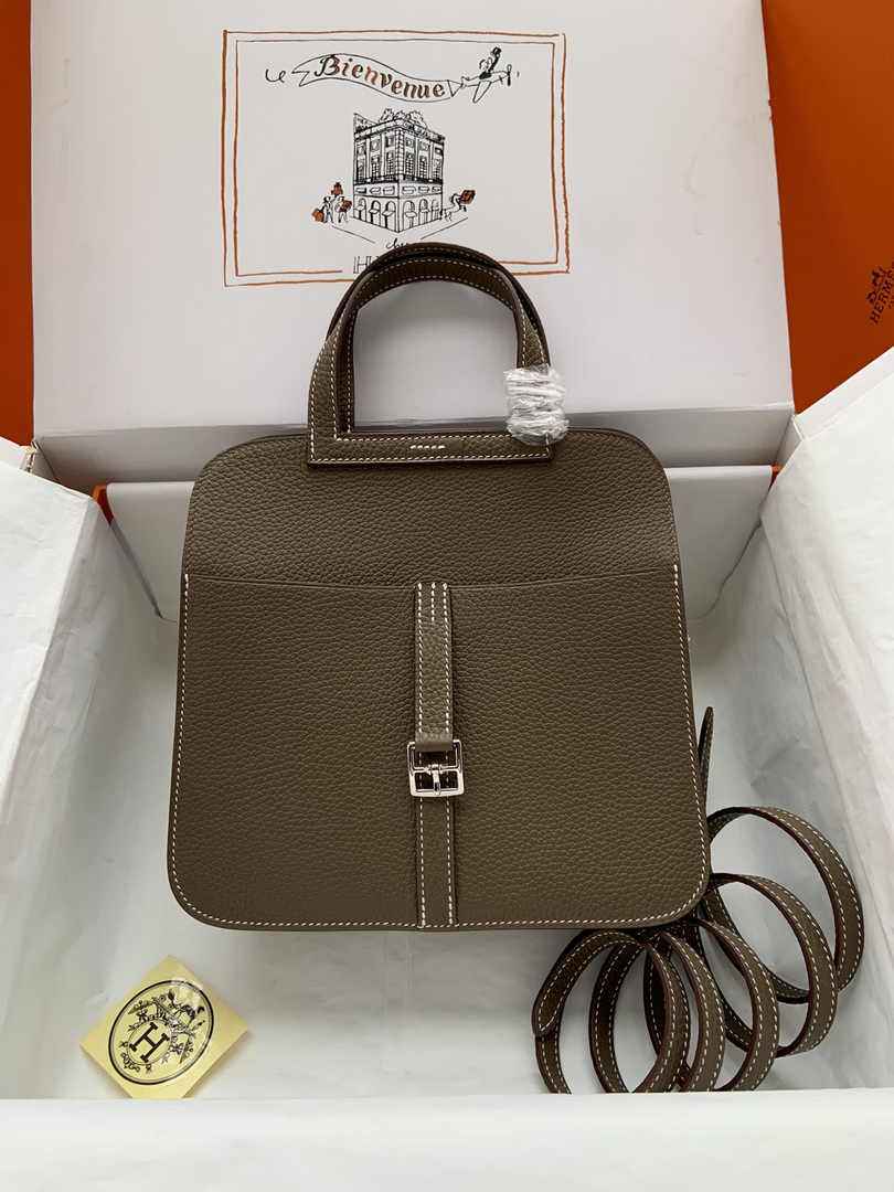 Hermes Halzan 25 Bag Dark Gray Togo Leather Silver H082165 - Default Title - View 1