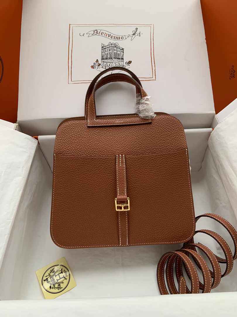 Hermes Halzan 25 Bag Brown Togo Leather Gold H082166 - Default Title - View 1