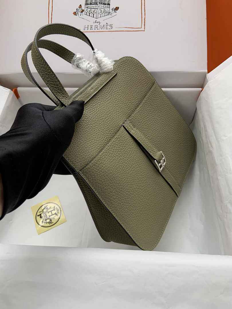 Hermes Halzan 25 Bag Green Togo Leather Silver H082169 - Default Title - View 5