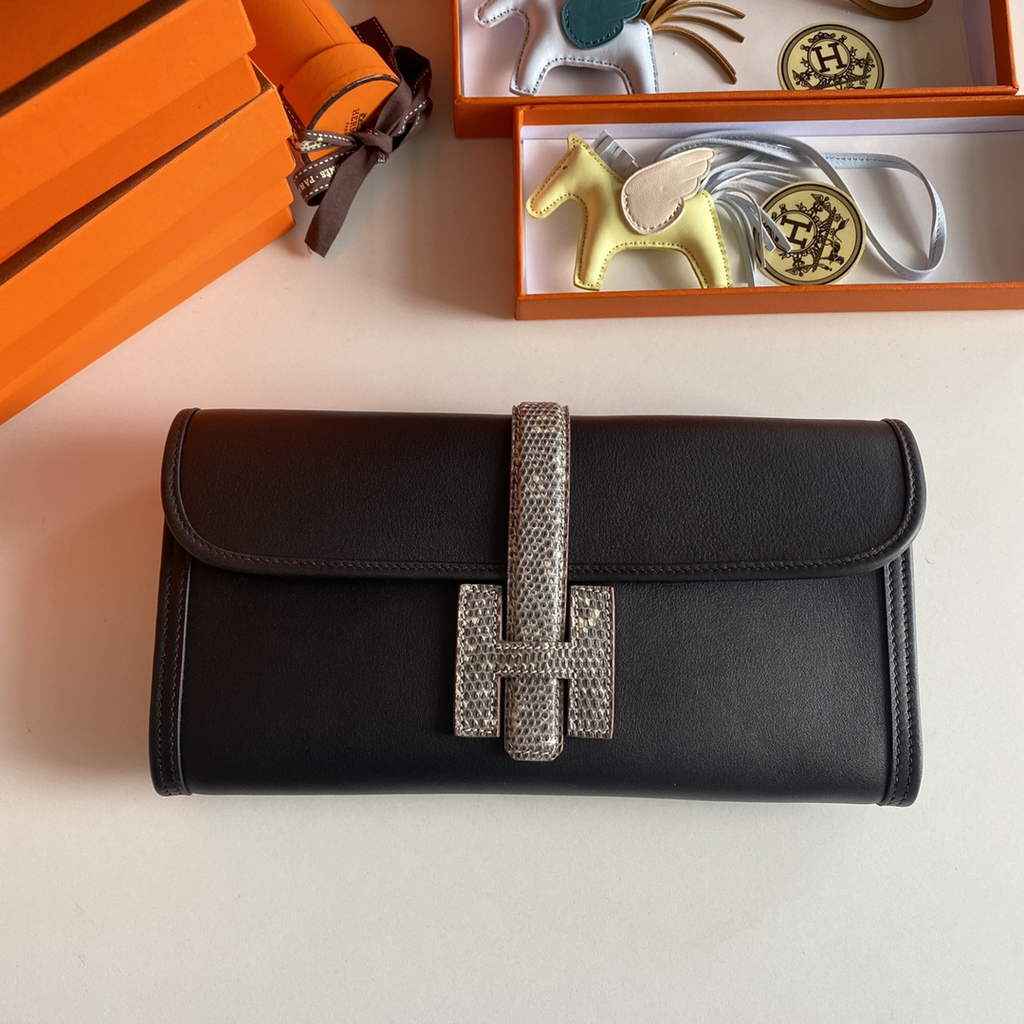Hermes Jige Elan 29cm Wallet Clutch Swift Leather lizard Black - Default Title - View 2