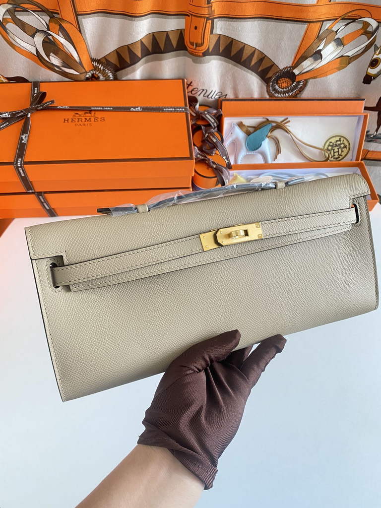 Hermès Kelly Cut Clutch 31cm Epsom Leather Light Gray Gold - Default Title - View 7