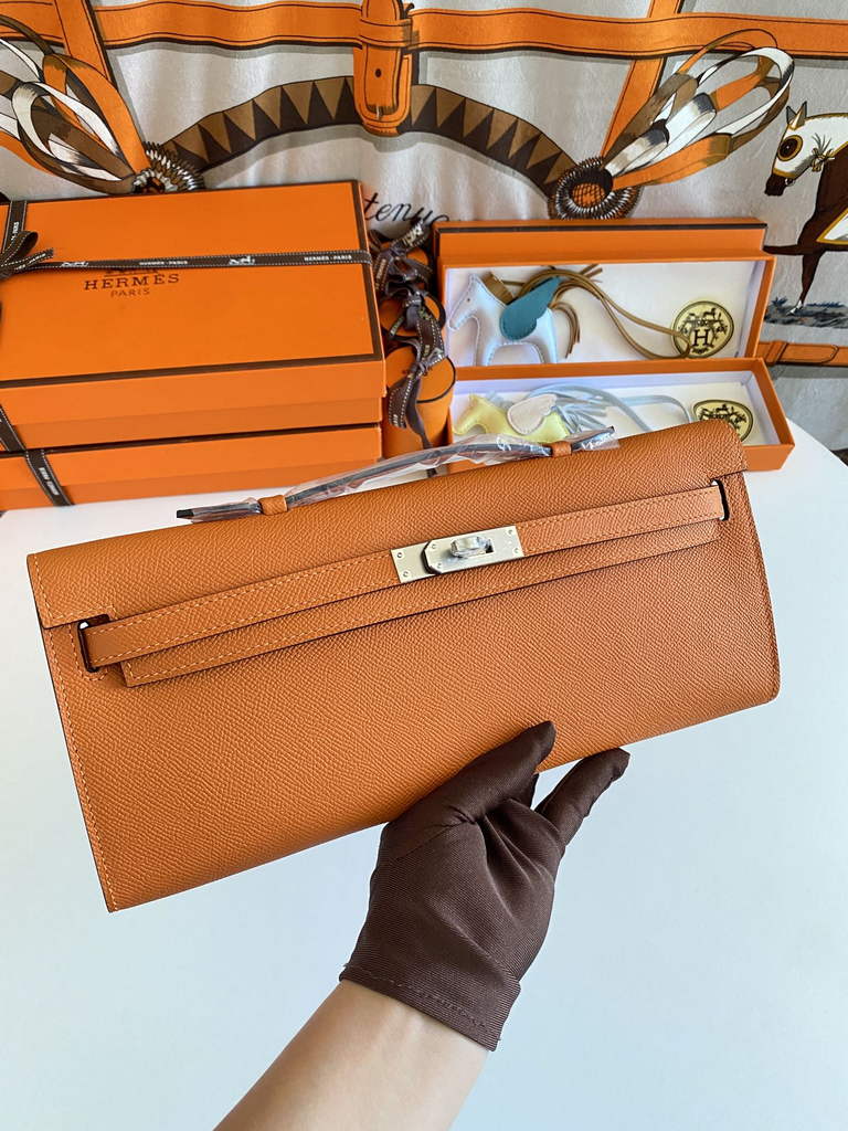 Hermès Kelly Cut Clutch 31cm Epsom Leather Orange Silver - Default Title - View 7