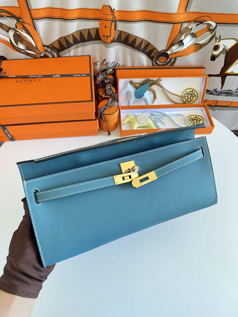 Hermès Kelly Cut Clutch 31cm Epsom Leather Blue Gold - Default Title - View 6