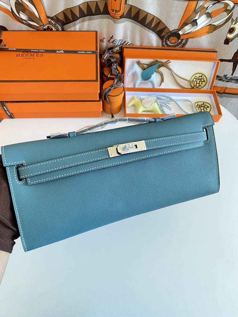 Hermès Kelly Cut Clutch 31cm Epsom Leather Blue Silver - Default Title - View 1