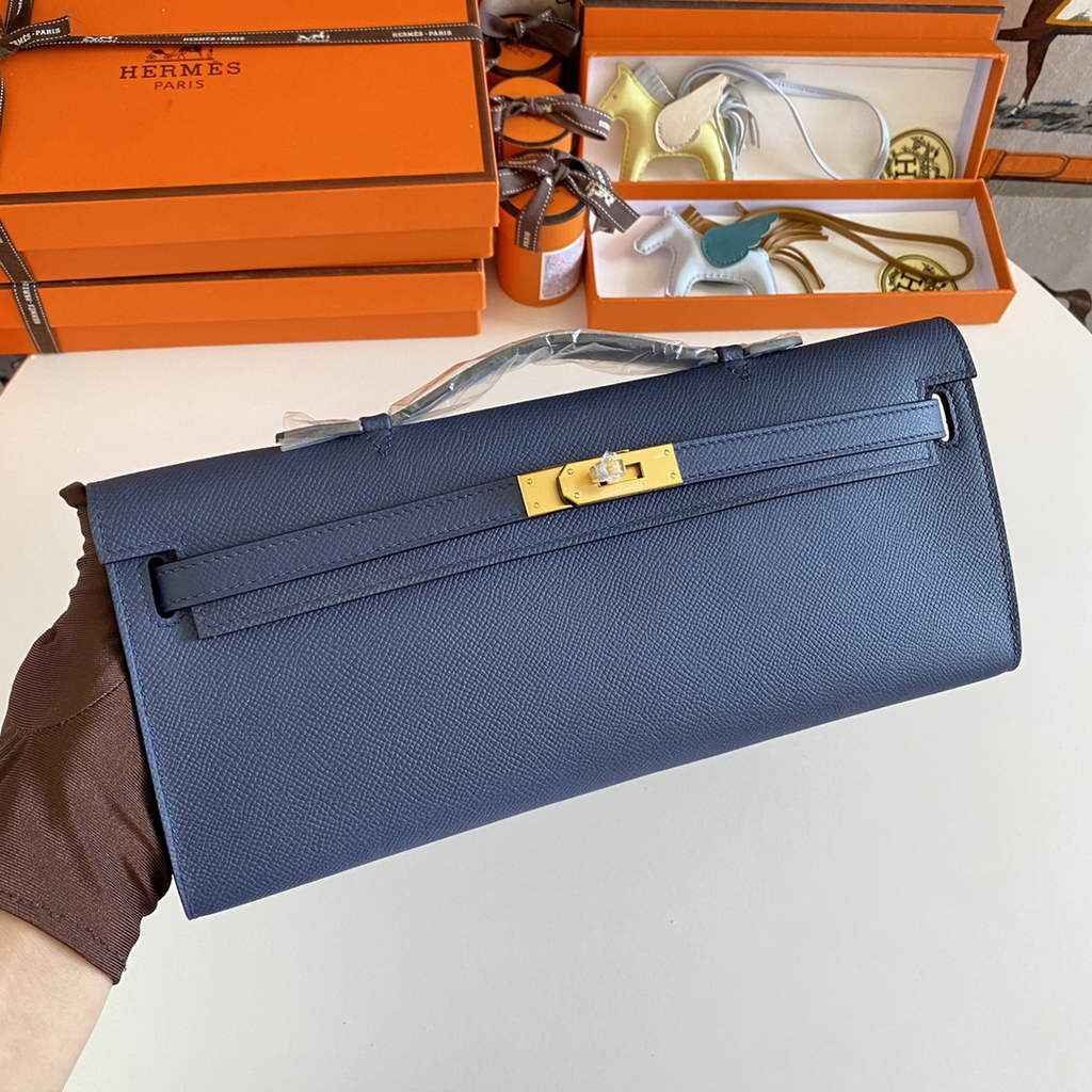 Hermès Kelly Cut Clutch 31cm Epsom Leather Navy Blue Gold - Default Title - View 1
