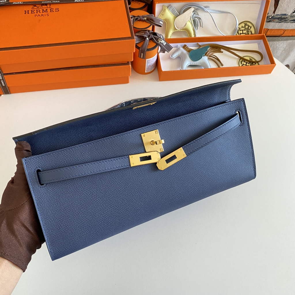 Hermès Kelly Cut Clutch 31cm Epsom Leather Navy Blue Gold - Default Title - View 6